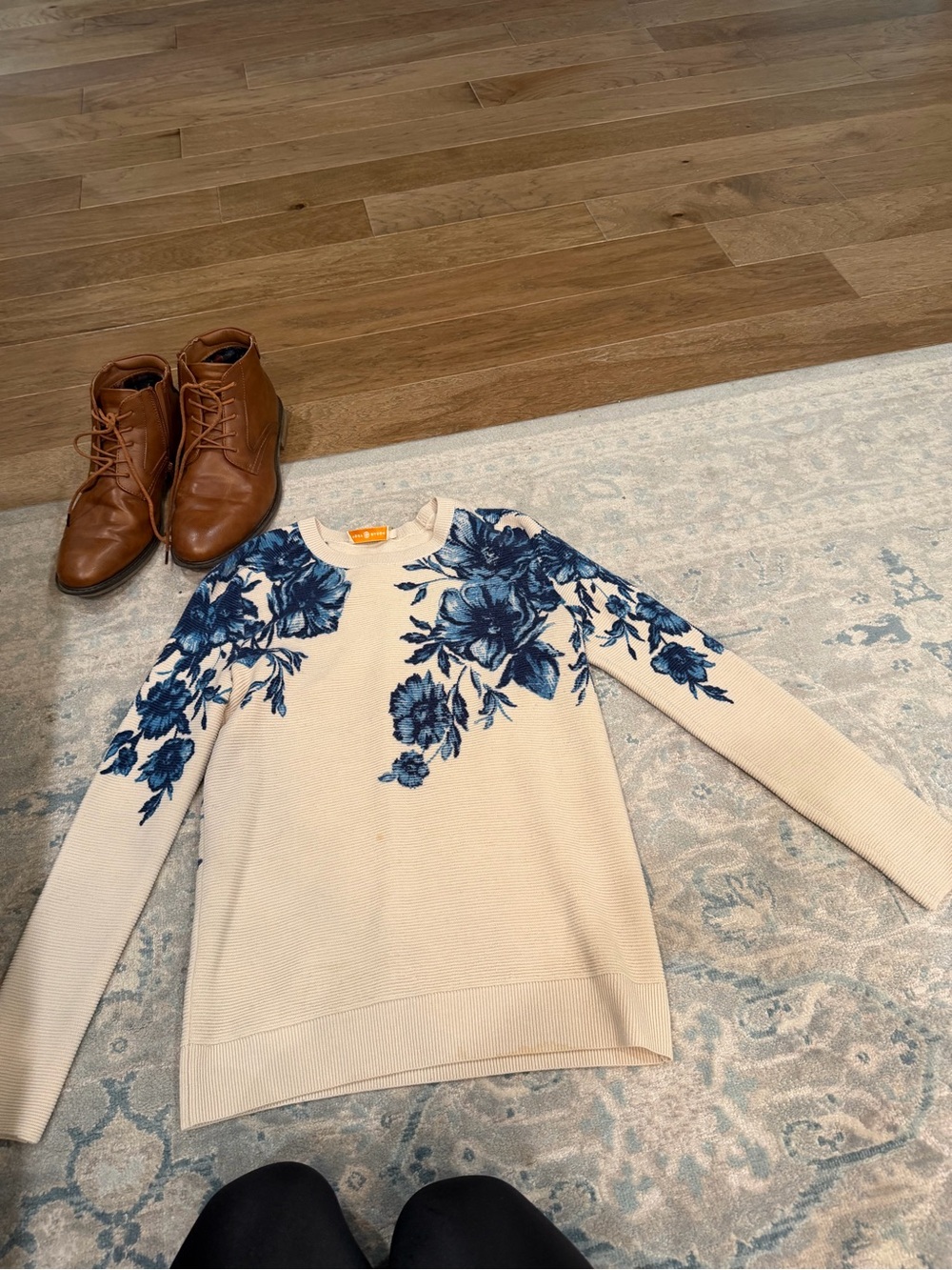 Tory Burch Cream Sweater with Blue Floral Print